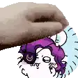 a person is holding a cartoon hedgehog with purple hair .