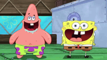 patrick and spongebob are standing next to each other and smiling