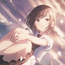 a girl in a school uniform is sitting on the ground with her legs crossed