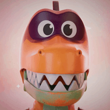 a close up of a toy dinosaur with a purple mask on