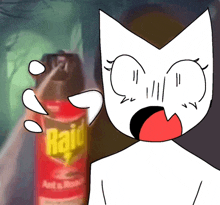 a cartoon cat is sticking its tongue out in front of a raid spray