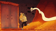 a cartoon drawing of a man carrying a bag and a snake