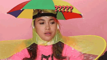 a girl wearing a colorful umbrella on her head with a question mark above it