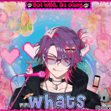 a picture of a boy with purple hair and a microphone with the words whats written below him