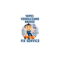 a logo for fix service shows a man in a car holding a sign