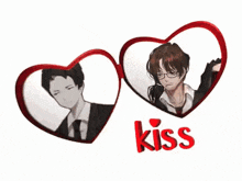 a couple of hearts with a man and a woman inside of them and the word kiss below them