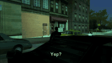 a screenshot of a video game shows a man standing in front of a building and a taxi that says yep on it