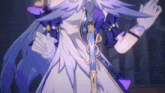 a close up of a purple and white anime character with a sword