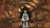 a girl with long black hair is wearing a white kimono and holding a red sword .