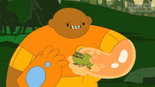 a cartoon of a man holding a frog and the words bravest warriors on the bottom
