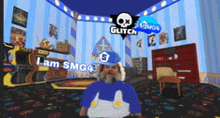 a man with a beard wearing a smg4 hat is standing in a room