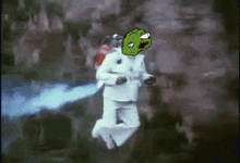 a pixelated image of a man with a green face on his back