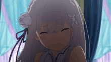 a girl with white hair has a flower on her ear