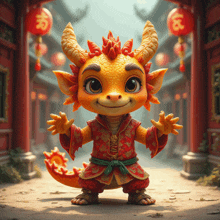 a cartoon dragon wearing a red and gold outfit