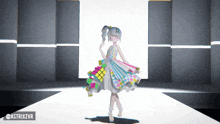 a girl in a colorful dress is dancing on a runway with asterixvzr written on the bottom