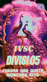 two peacocks are sitting on a tree branch with the words ivsc divisi 05 on the bottom