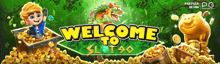 a banner that says welcome to slot 90 with a pig and a dragon