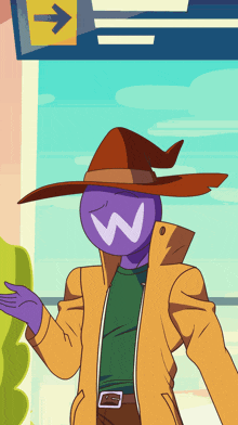 a cartoon character with a purple head and a brown hat with the letter w on it