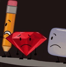 a pencil eraser and a red diamond are cartoon characters