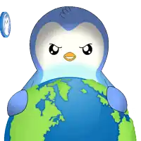a penguin is holding a globe with a clock behind it