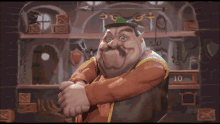 a cartoon character in a room with a sign that says -10