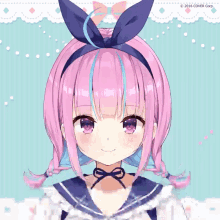 a girl with pink hair and blue eyes is wearing a sailor uniform