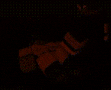 a cartoon character is laying on the ground in a dark room with a black background .