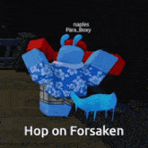 two roblox characters are standing next to each other with the words hop on forsaken above them