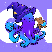 a blue octopus wearing a wizard hat holds a teddy bear