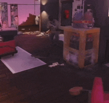 a person is laying on the floor in a room with a pink chair .