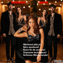 a woman in a black dress is standing in front of a group of people and says weekend