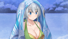 a girl in a bikini is covered in a blue and white blanket
