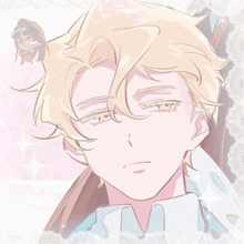 a drawing of a boy with blonde hair and a cartoon character behind him