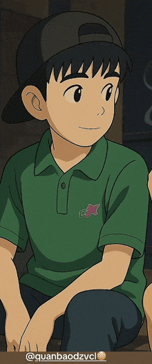 a cartoon boy wearing a green shirt with a pink gx logo on it