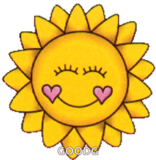 a cartoon sun with two pink hearts in its eyes and the words goodg below it