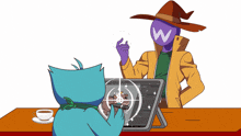 a cartoon of a man with a w on his face looking at a tablet