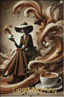 a painting of a woman holding a cup of coffee with the words good morning written below her