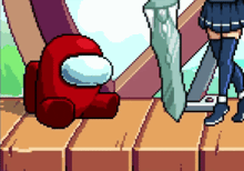 a pixel art of a red among us character laying on a wooden surface
