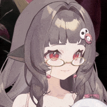 a close up of a girl with glasses and a skull on her hair