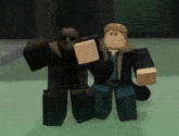 two roblox characters are standing next to each other and one has a x on his face