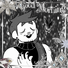 a black and white drawing of a man with the words good morning behind him
