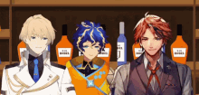 three anime characters are standing in front of bottles of robel alcohol