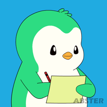 a cartoon penguin holding a piece of paper with a heart on it
