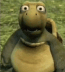 a cartoon turtle is standing in the grass and looking at the camera with a surprised look on its face .