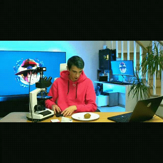 a man in a pink hoodie is using a laptop