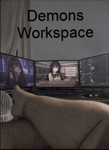 a poster that says demons workspace with a person laying on a desk