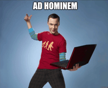 a man in a red shirt is holding a laptop and the caption ad hominem is above him