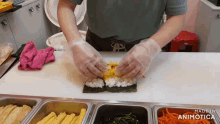 a person wearing gloves is making a sushi roll with the words made in animatica on the bottom