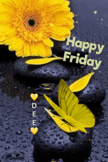 a happy friday greeting card with a yellow flower and two butterflies