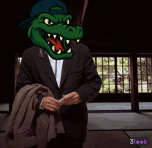 a cartoon of a man with a crocodile head holding a piece of paper